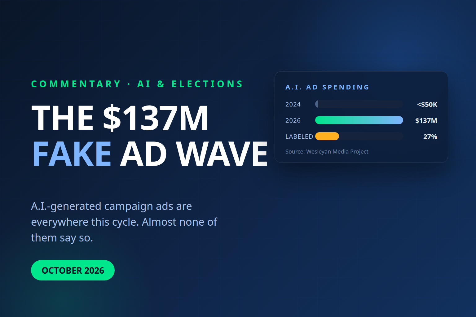 Dark blue banner reading THE $137M FAKE AD WAVE with a chart of AI ad spending