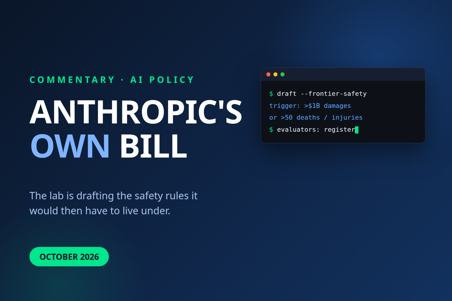 Banner reading ANTHROPIC’S OWN BILL with a terminal window listing the bill trigger