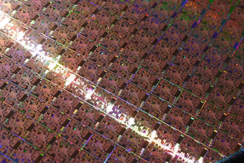 Closeup of a silicon wafer during the copper etch process