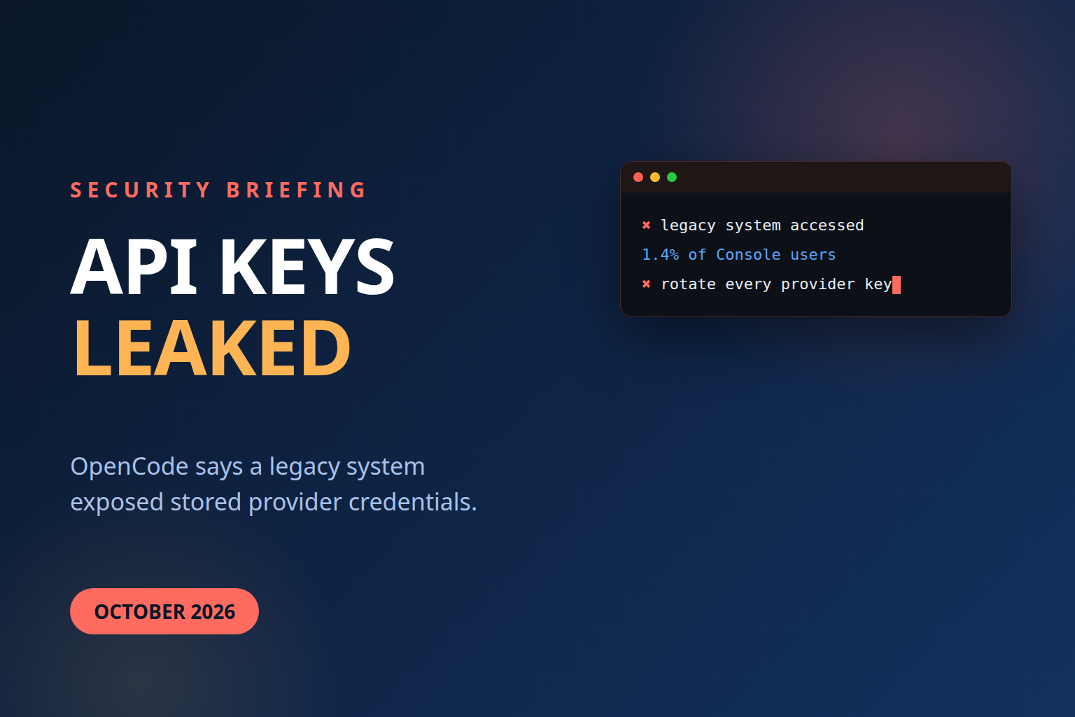 Branded banner: API keys leaked, October 2026